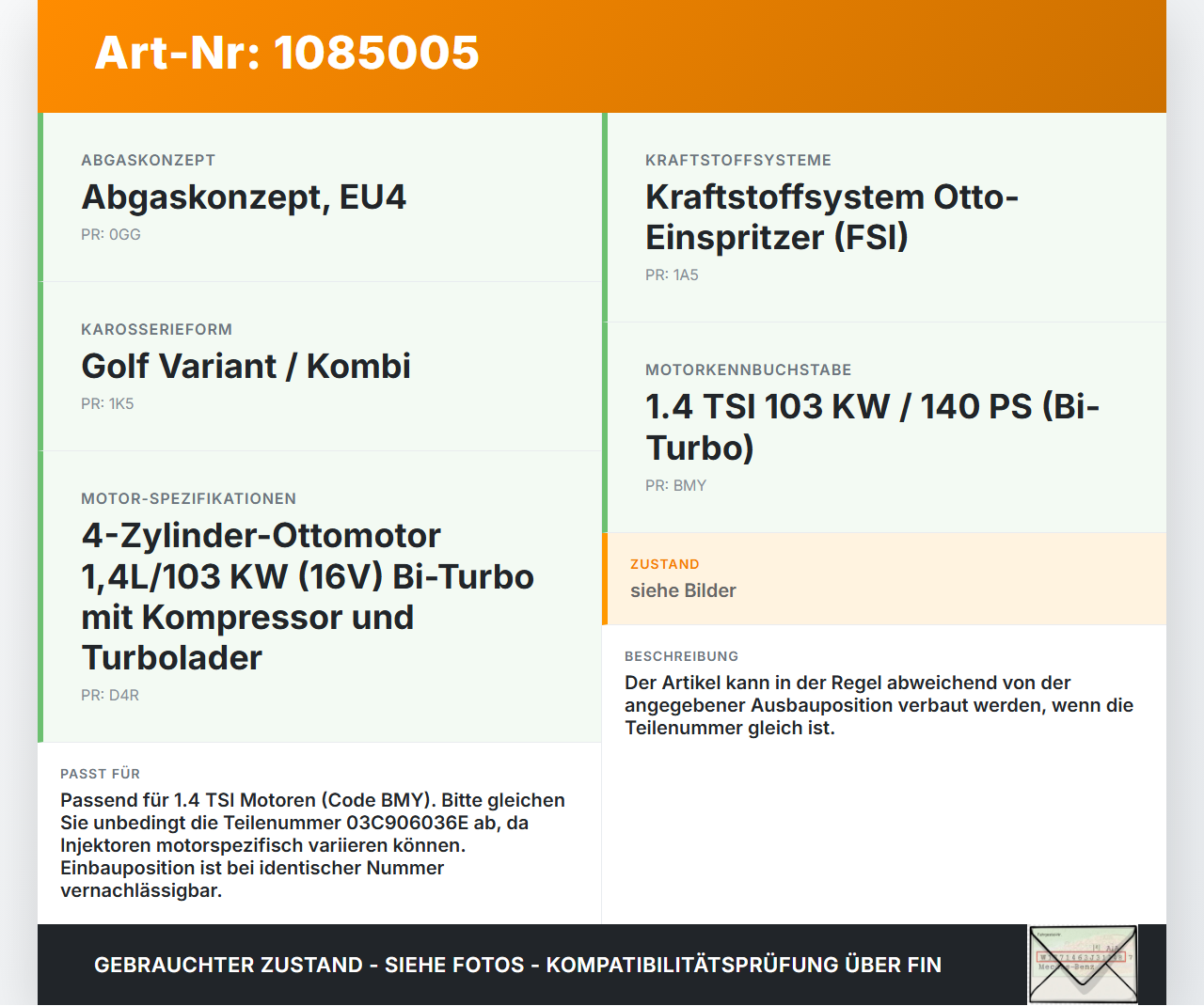 VW Golf 5 V Variant 1K5 03-09 TSI 1,4 59KW Injektor Einspritzdüse Zyl.2 VW Golf 5 V Variant 1K5 03-09 13.12.2007... Vorschau 3