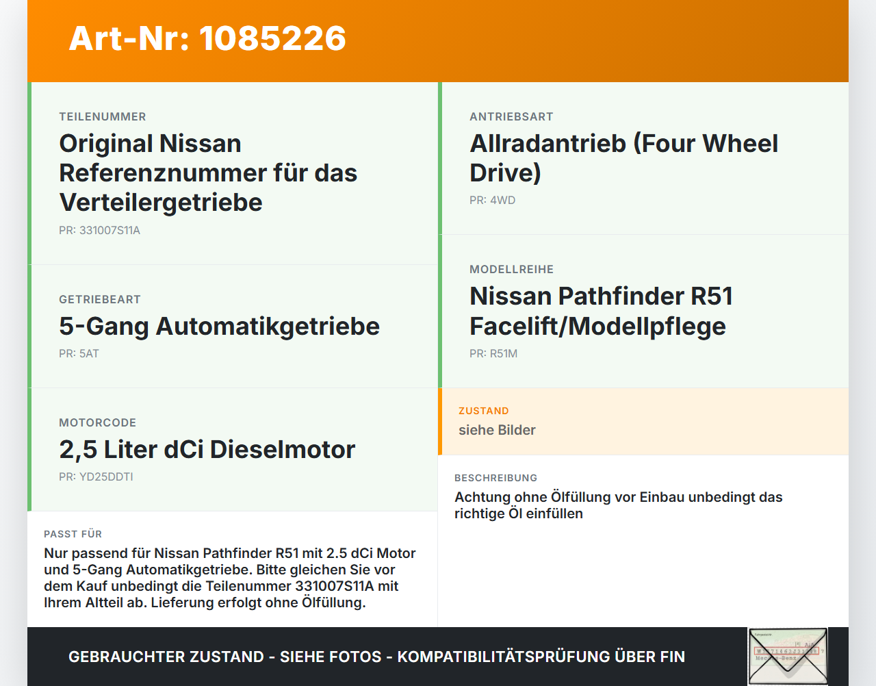Nissan Pathfinder R51 05-10 dCi 2,5 126KW 4WD Verteilergetriebe Getriebe Nissan Nissan Pathfinder R51 05-10... Vorschau 3
