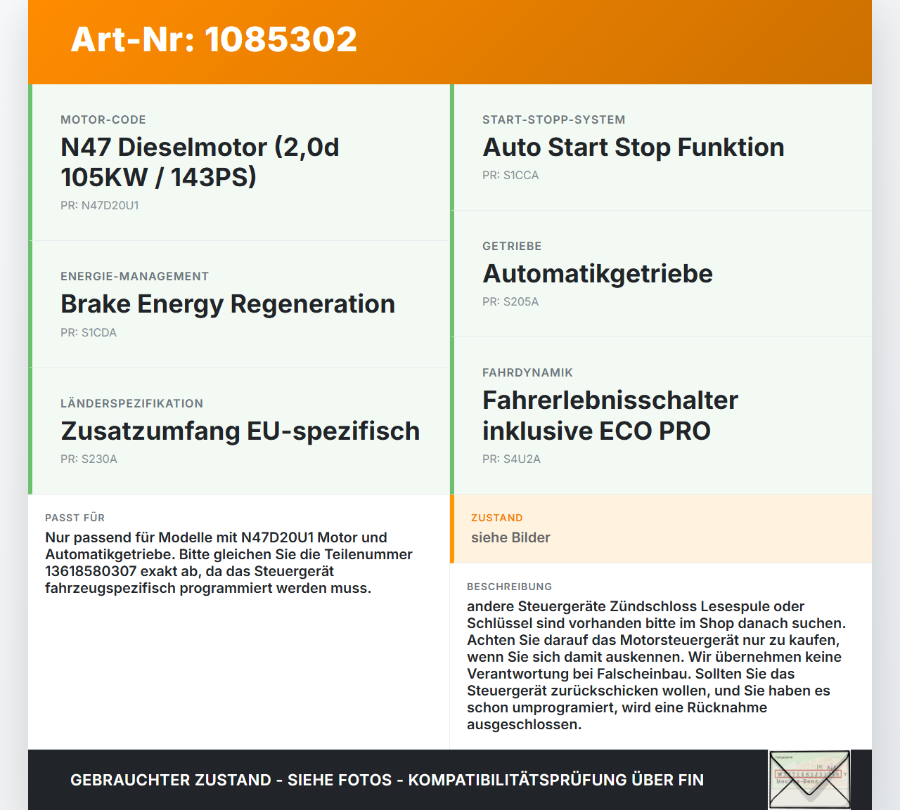 BMW X1 E84 X18D 09-12 2,0d 105KW Steuergerät ECU für Motor Motorsteuergerät BMW X1 E84 X18D 09-12 21.01.2015... Vorschau 3