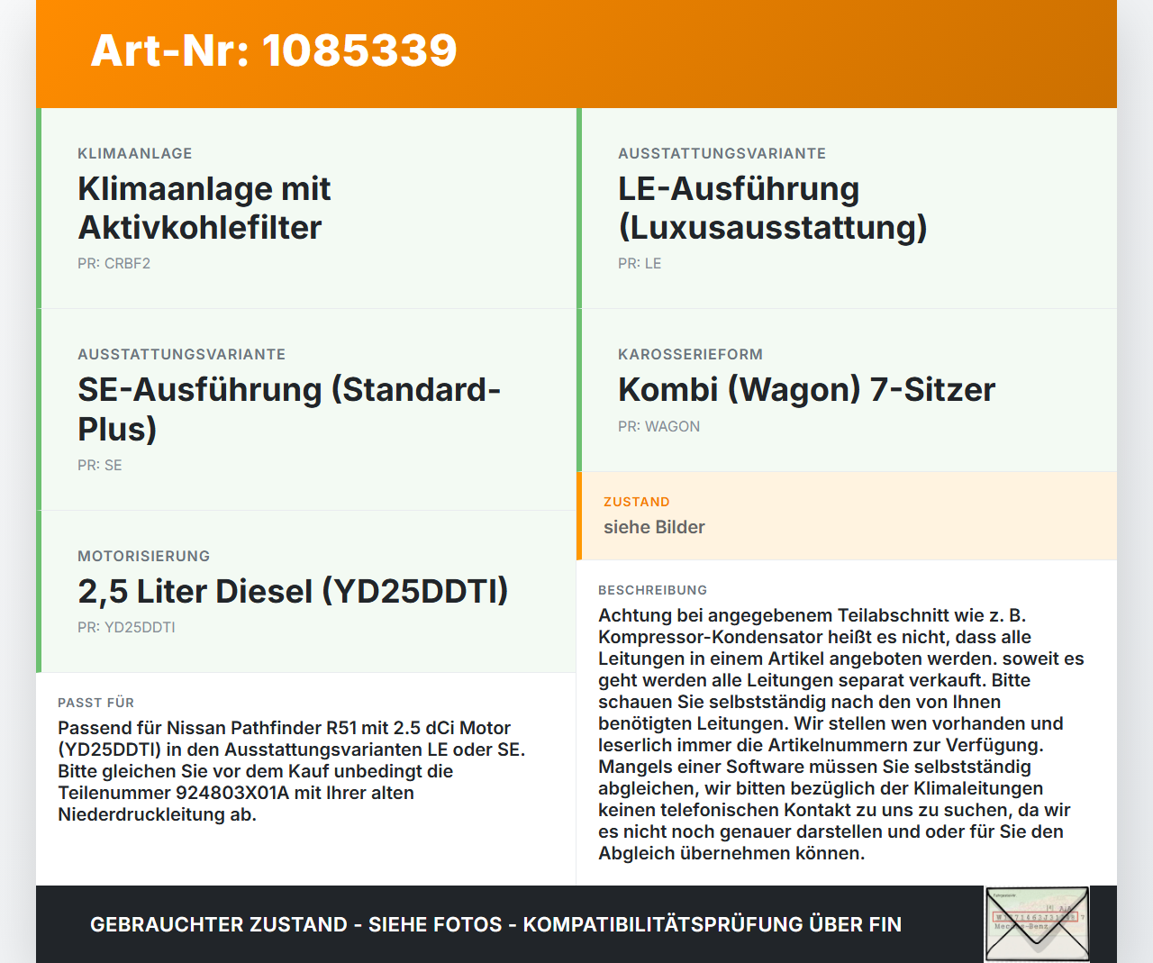 Nissan Pathfinder R51 05-10 dCi 2,5 126KW Klimaschlauch Klimaleitung Nissan Nissan Pathfinder R51 05-10 29.09.2008... Vorschau 3