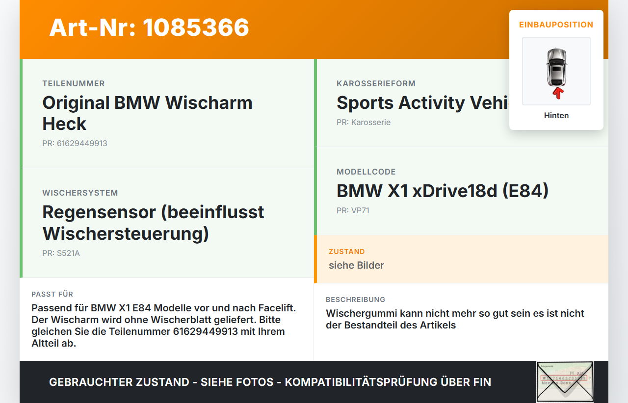 BMW X1 E84 X18D 09-12 Heckwischer Scheibenwischer Hinten Wischarm BMW X1 E84 X18D 09-12 21.01.2015 9449913... Vorschau 3