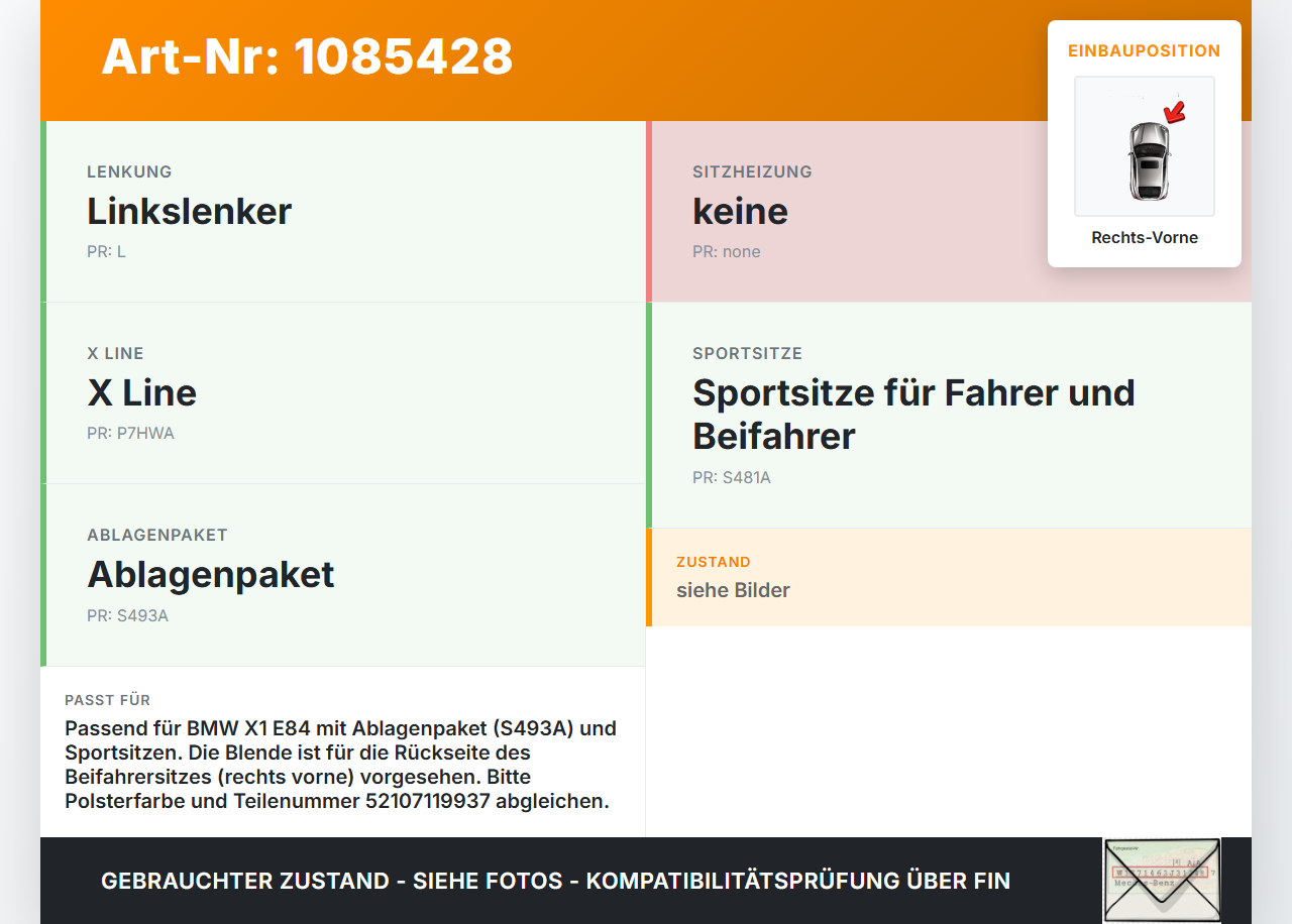BMW X1 E84 X18D 09-12 Blende Rückblende mit Netz für Beifahrer Sitz Rechts Vorne BMW X1 E84 X18D 09-12 21.01.2015... Vorschau 3