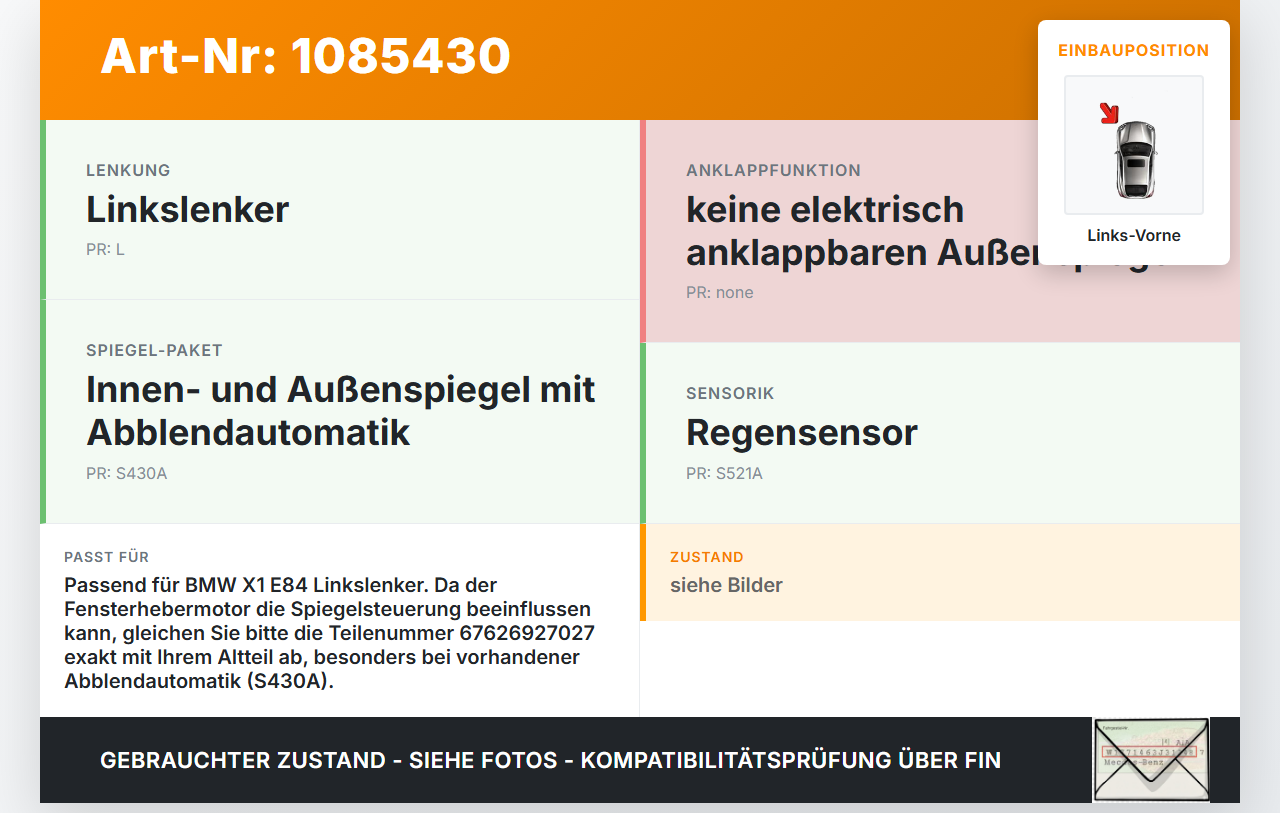 BMW X1 E84 X18D 09-12 Fensterhebermotor Links Vorne BMW X1 E84 X18D 09-12 21.01.2015 6927027 67626927027 0130822226... Vorschau 3