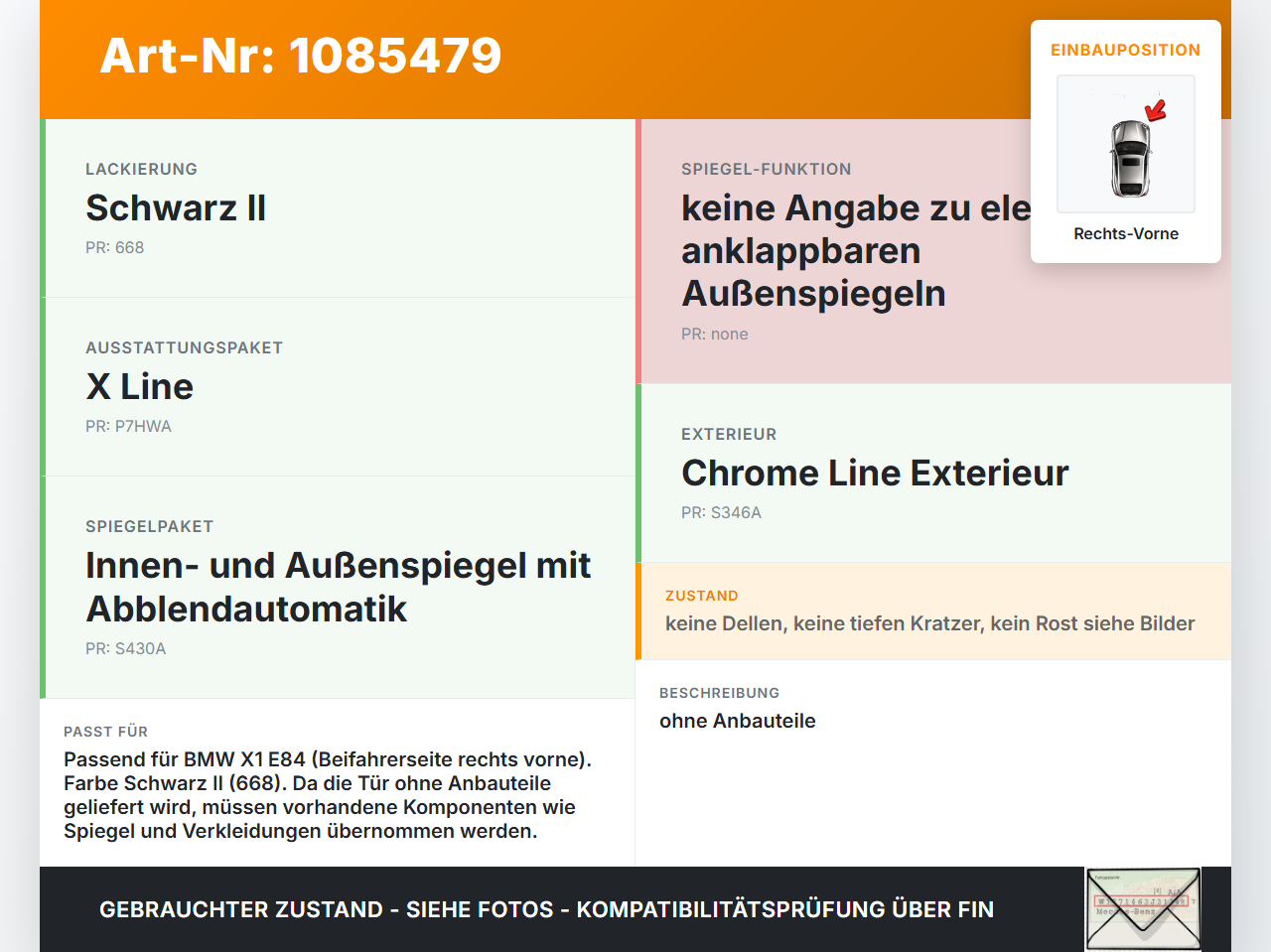 BMW X1 E84 X18D 09-12 Tür Beifahrertür Rechts Vorne 668 BMW X1 E84 X18D 09-12 21.01.2015 9628746 41009628746 gebraucht Vorschau 3