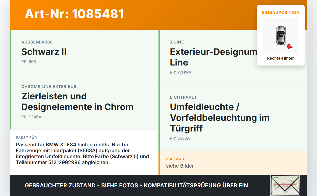 BMW X1 E84 X18D 09-12 Türgriff Griff aussen Rechts Hinten Umfeldleuchte 668 BMW X1 E84 X18D 09-12 21.01.2015... Vorschau 3