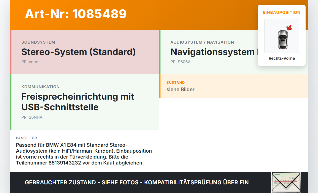 BMW X1 E84 X18D 09-12 Lautsprecher Rechts Vorne BMW X1 E84 X18D 09-12 21.01.2015 9143232 65139143232... Vorschau 3
