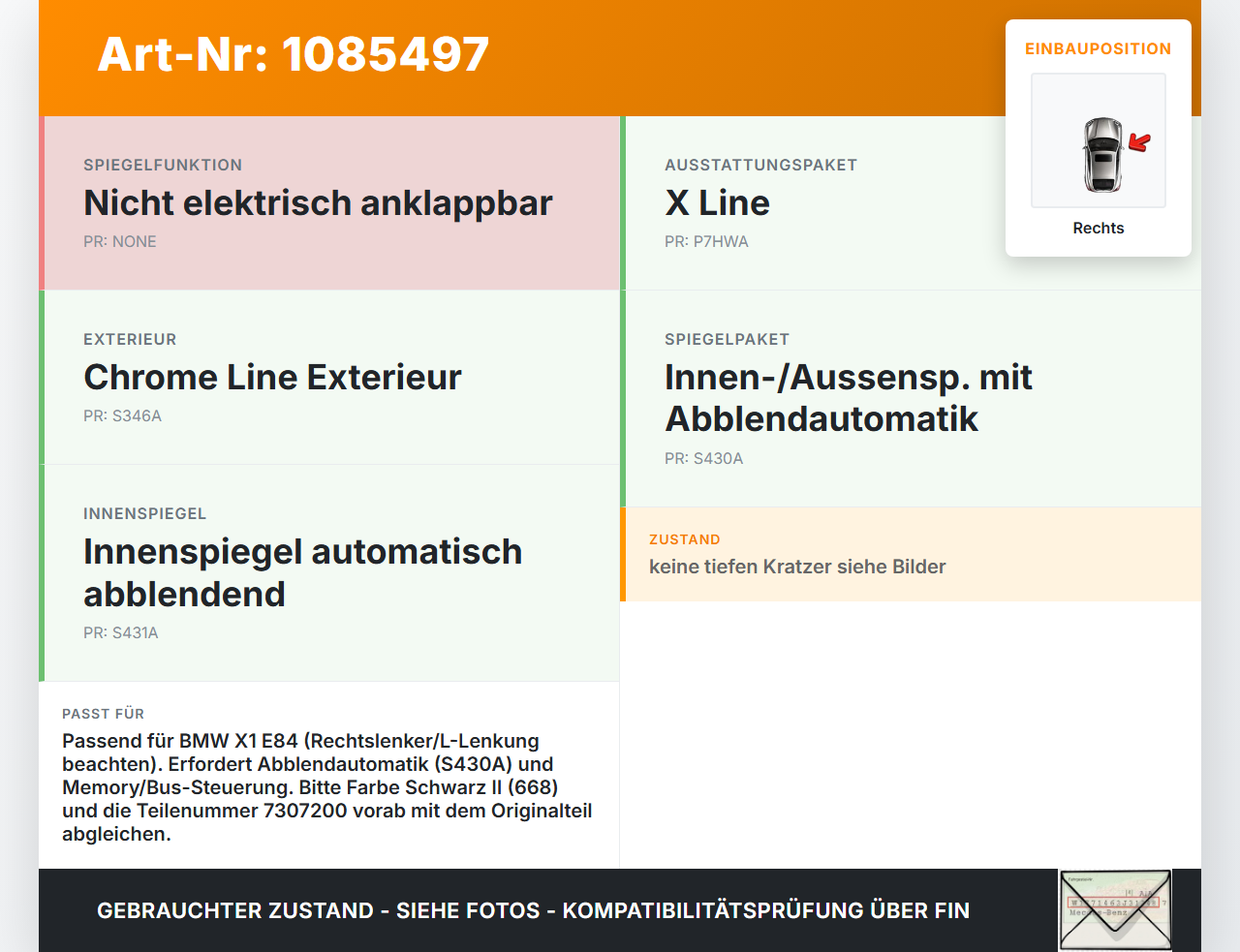 BMW X1 E84 X18D 09-12 Spiegel Aussenspiegel Rechts Elektrochrom Shadow Line  668 BMW X1 E84 X18D 09-12 21.01.2015... Vorschau 3