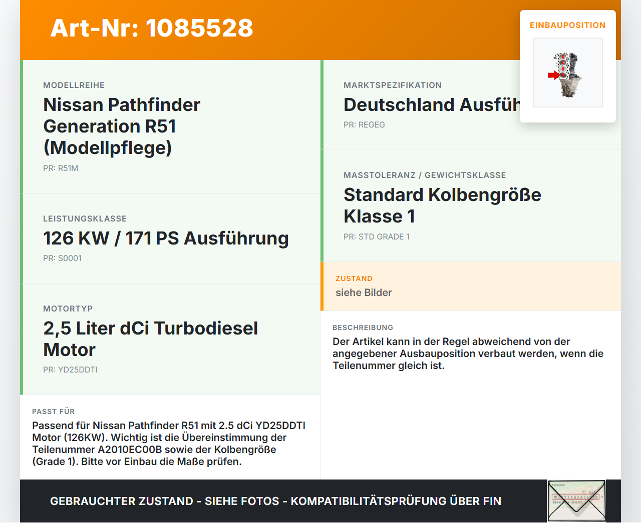 Nissan Pathfinder R51 05-10 dCi 2,5 126KW YD25DDTI Kolben mit Pleuel Pos A Nissan Nissan Pathfinder R51 05-10... Vorschau 3