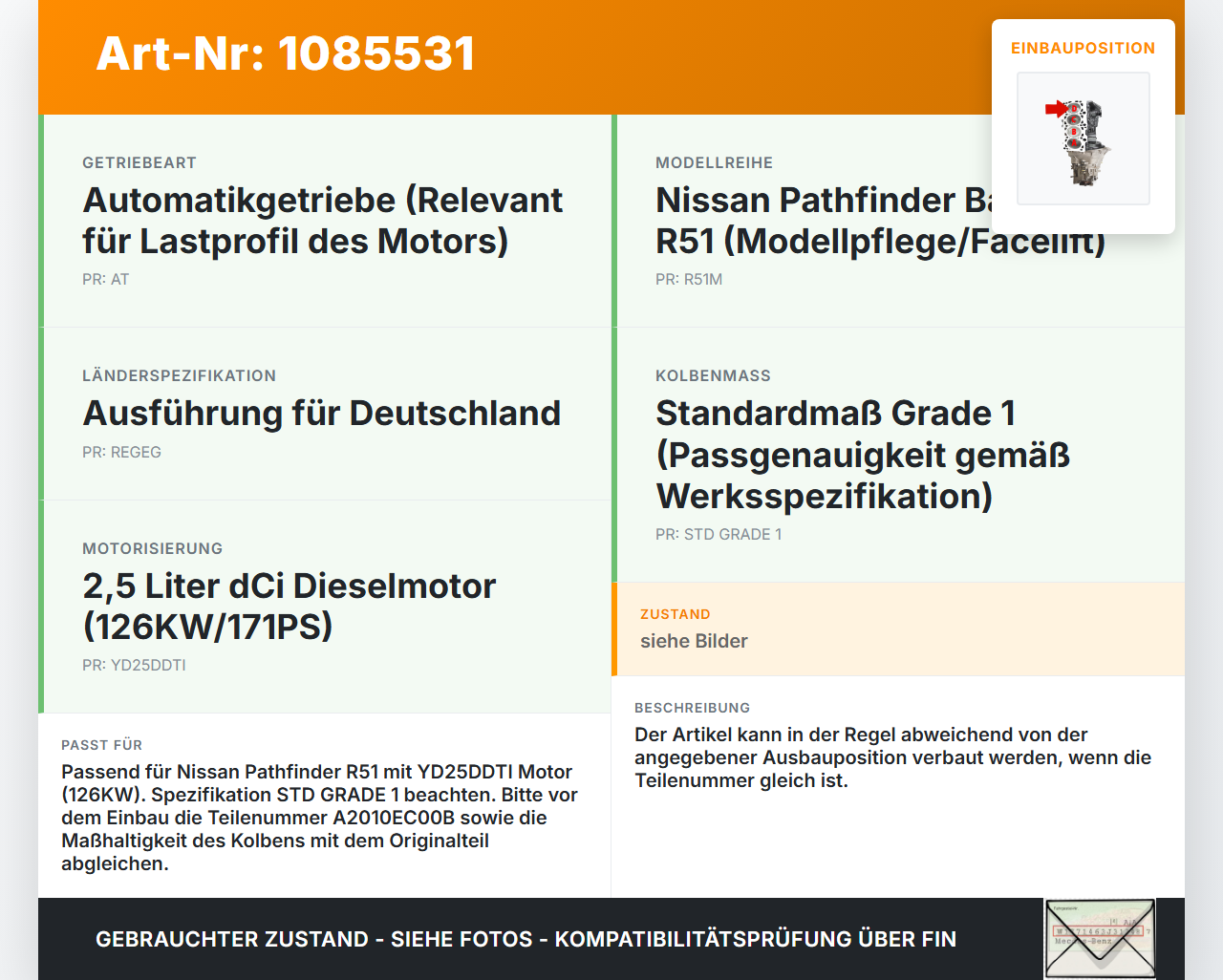 Nissan Pathfinder R51 05-10 dCi 2,5 126KW YD25DDTI Kolben mit Pleuel Pos D Nissan Nissan Pathfinder R51 05-10... Vorschau 3