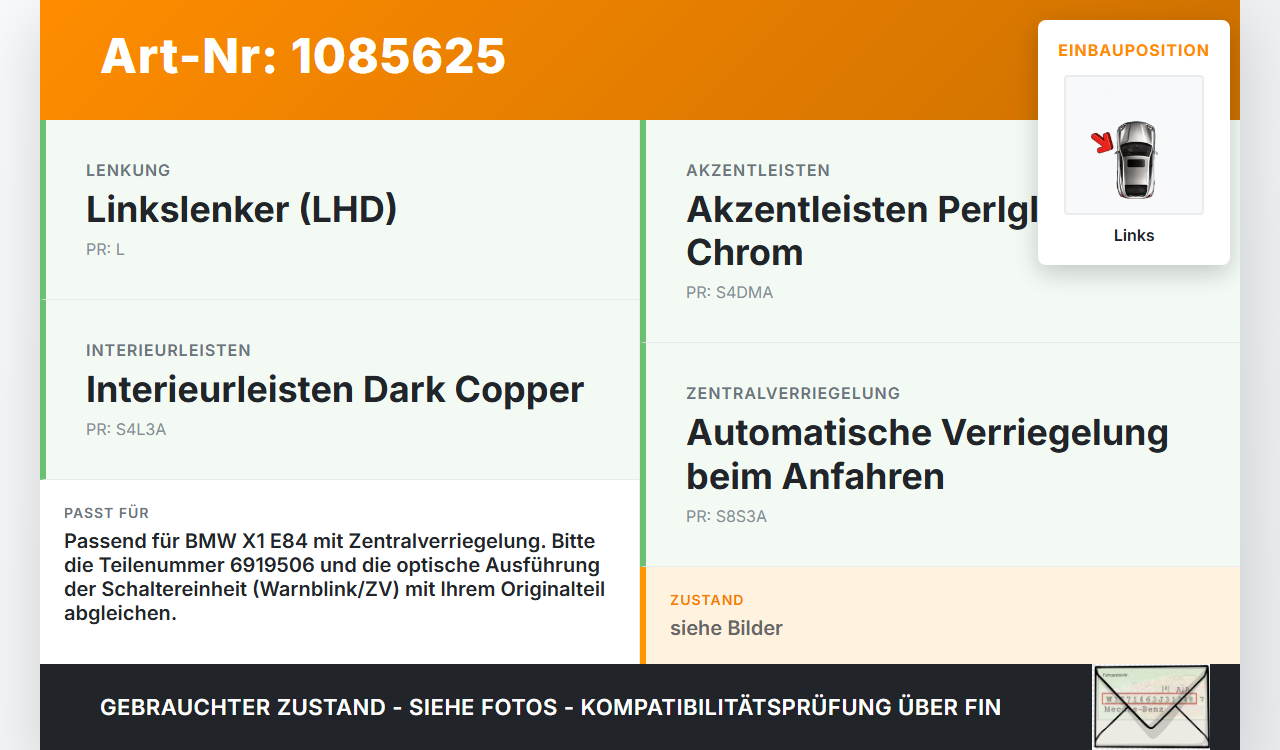 BMW X1 E84 X18D 09-12 Warnblinkschalter Schalter ZV Zentralverriegelung BMW X1 E84 X18D 09-12 21.01.2015 6919506... Vorschau 3
