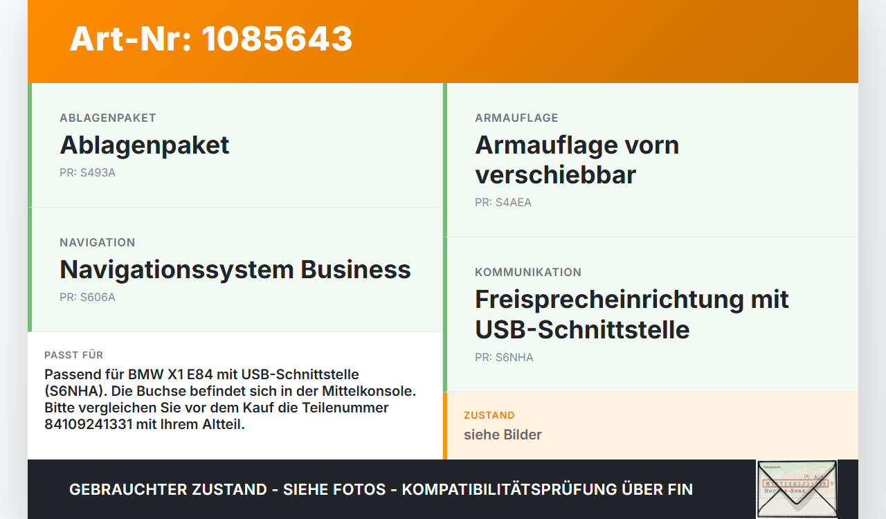 BMW X1 E84 X18D 09-12 USB AUX Buchse Anschluss BMW X1 E84 X18D 09-12 21.01.2015 84109241331 9241331... Vorschau 3