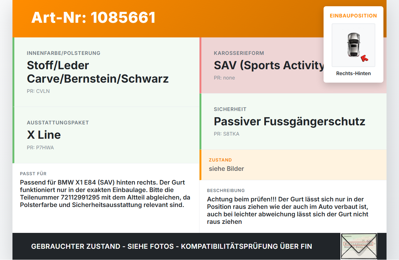 BMW X1 E84 X18D 09-12 Gurt Sicherheitsgurt Rechts Hinten BMW X1 E84 X18D 09-12 21.01.2015 2991295 72112991295... Vorschau 3