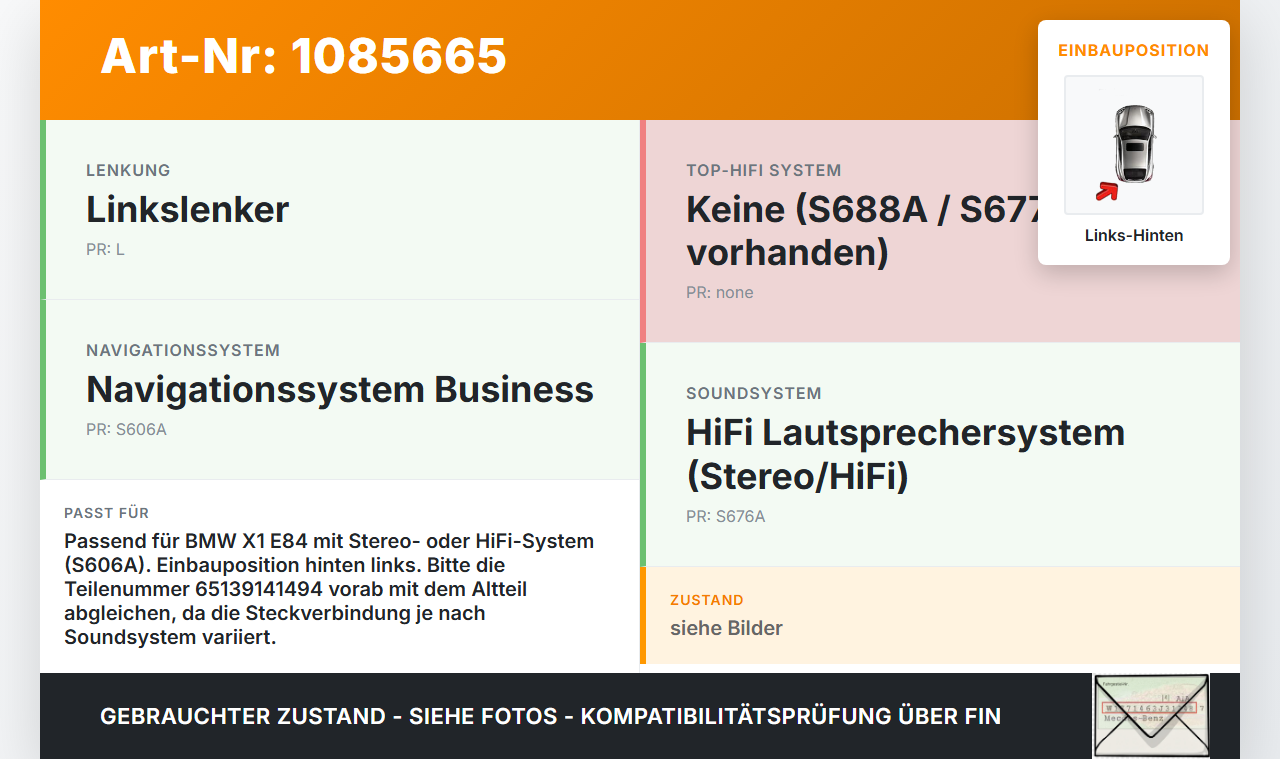 BMW X1 E84 X18D 09-12 Lautsprecher Links Hinten BMW X1 E84 X18D 09-12 21.01.2015 9141494 65139141494... Vorschau 3