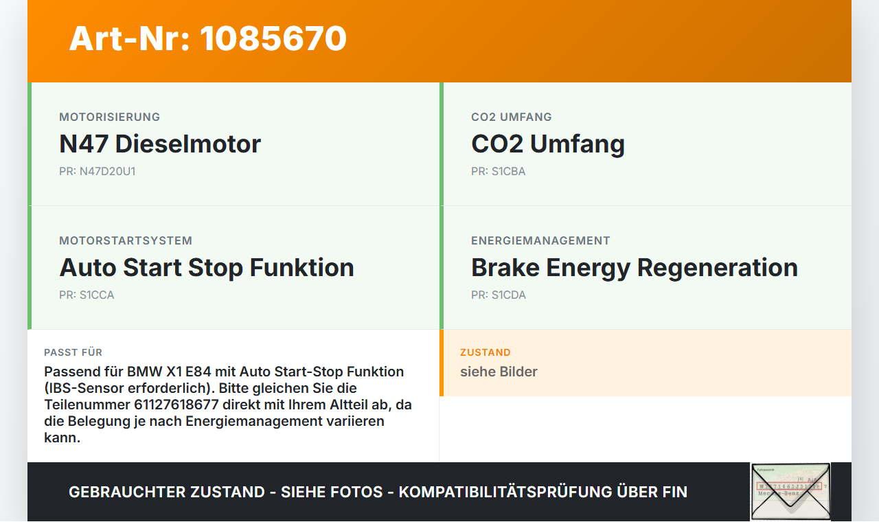 BMW X1 E84 X18D 09-12 Minuspol Batteriekabel mit IBS Sensor BMW X1 E84 X18D 09-12 21.01.2015 61127618677 7618677... Vorschau 3