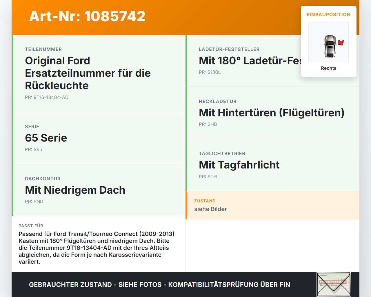 Ford Transit/Tourneo Connect 09-13 Kasten Rückleuchte Rücklicht Heckleuchte Rechts orig Ford Transit/Tourneo... Vorschau 3