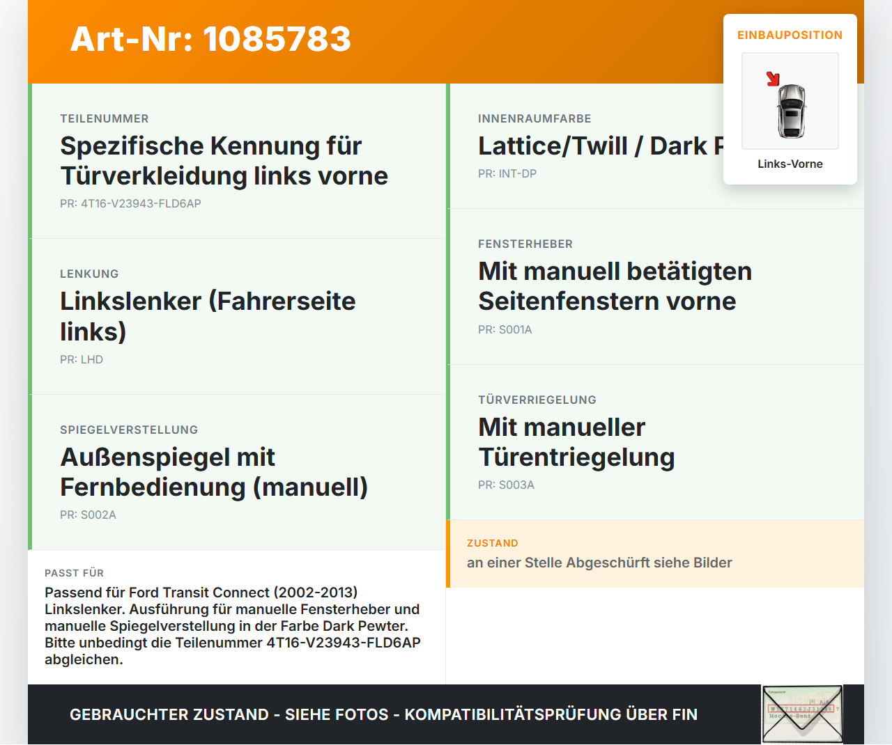 Ford Transit/Tourneo Connect 09-13 Kasten Türverkleidung Türpappe Links Vorne Ford Transit/Tourneo Connect 09-13... Vorschau 3
