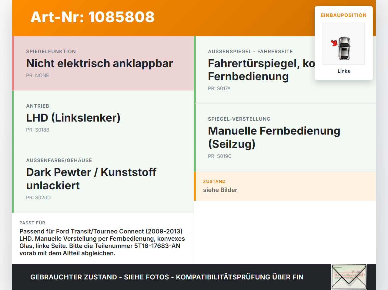 Ford Transit/Tourneo Connect 09-13 Spiegel Aussenspiegel Links P1 Ford Transit/Tourneo Connect 09-13 03.05.2012... Vorschau 3