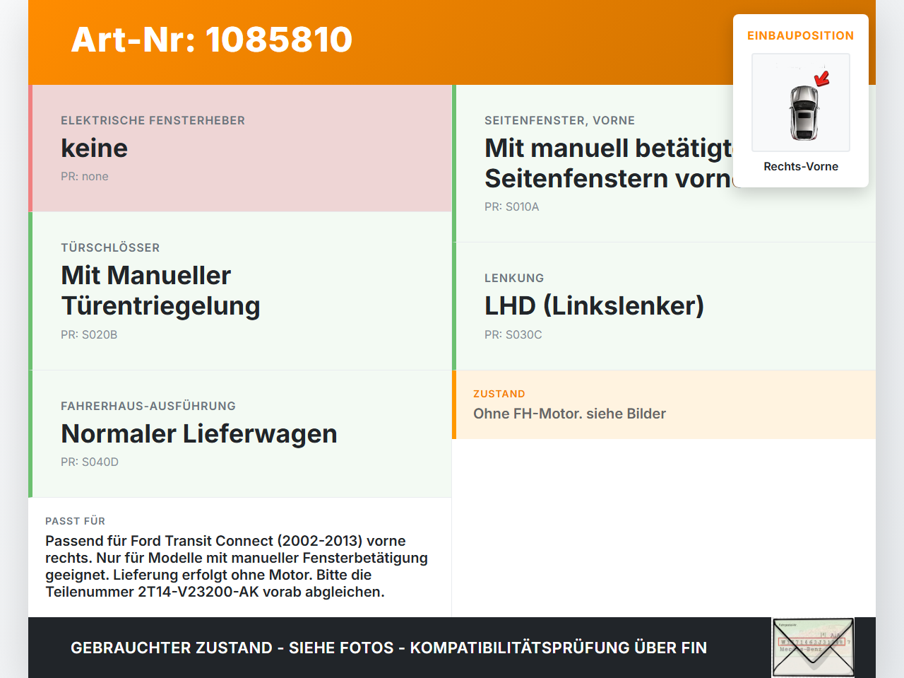 Ford Transit/Tourneo Connect 09-13 Kasten Fensterheber o. FH-Motor Rechts Vorne Ford Transit/Tourneo Connect 09-13... Vorschau 3