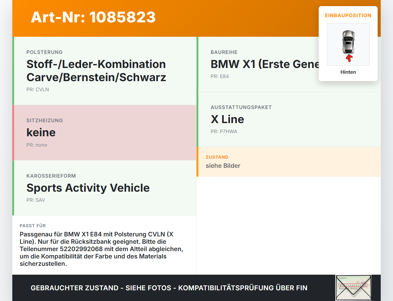 BMW X1 E84 X18D 09-12 Sitzpolster für Rücksitzbank Hinten Anthrazit BMW X1 E84 X18D 09-12 21.01.2015 2992068... Vorschau 3