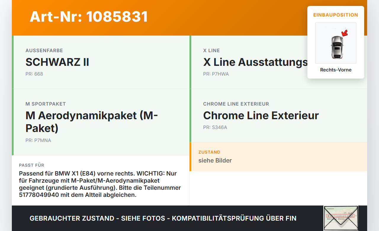 BMW X1 E84 X18D 09-12 Leiste Zierleiste für Kotflügel Rechts Vorne 668 BMW X1 E84 X18D 09-12 21.01.2015 8049940... Vorschau 3