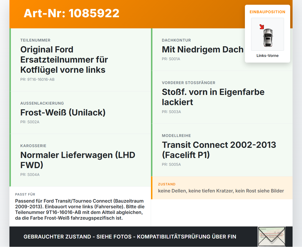 Ford Transit/Tourneo Connect 09-13 Kotflügel Links Vorne P1 Ford Transit/Tourneo Connect 09-13 03.05.2012... Vorschau 3