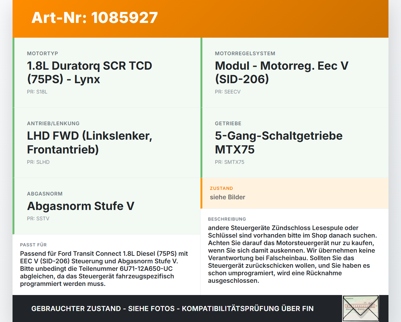 Ford Transit/Tourneo Connect 09-13 TDCi 1,8 55KW Steuergerät ECU für Motor Motorsteuergerät Ford Transit/Tourneo... Vorschau 3