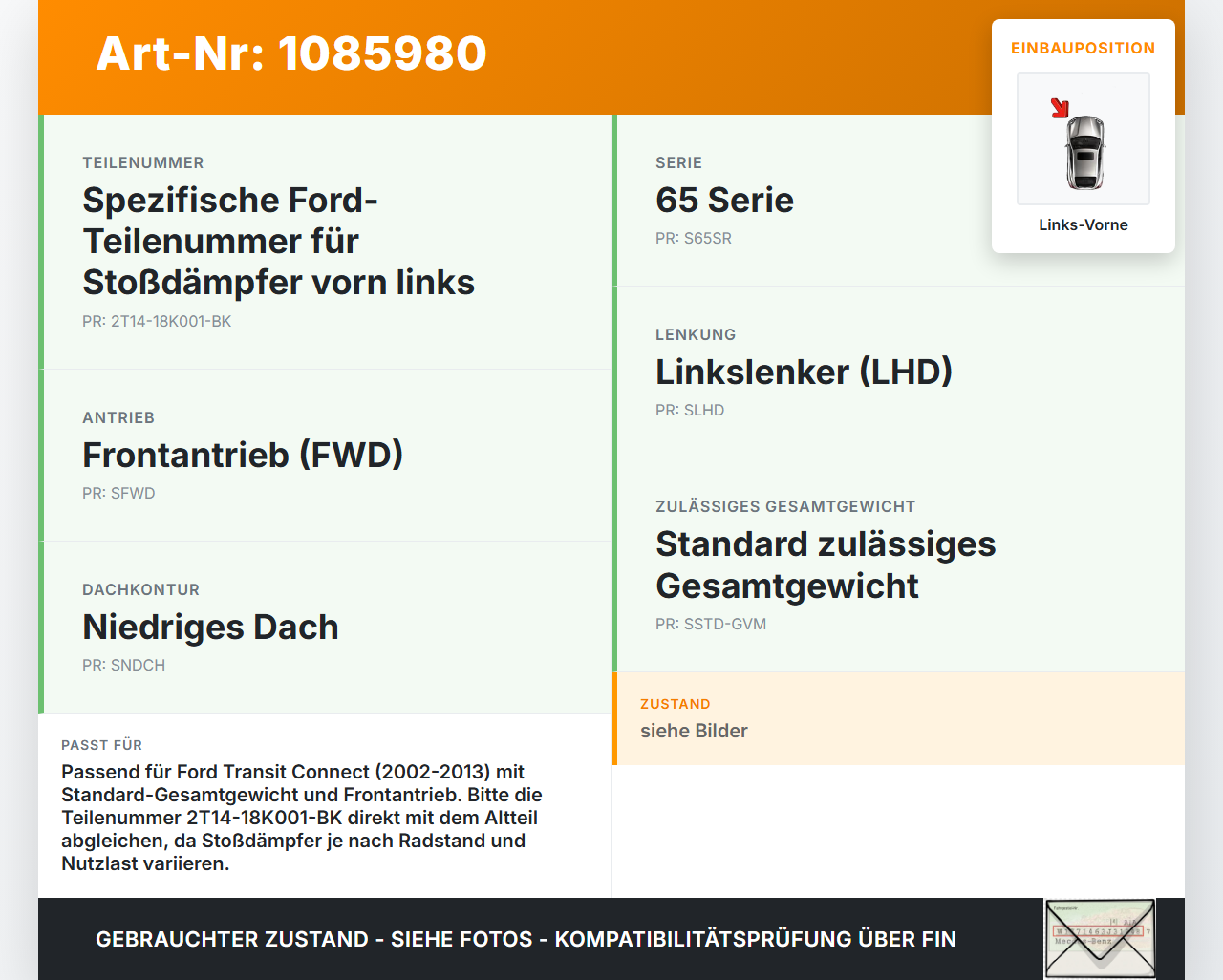 Ford Transit/Tourneo Connect 09-13 Kasten Stossdämpfer Federbein Vorne Links Ford Transit/Tourneo Connect 09-13... Vorschau 3