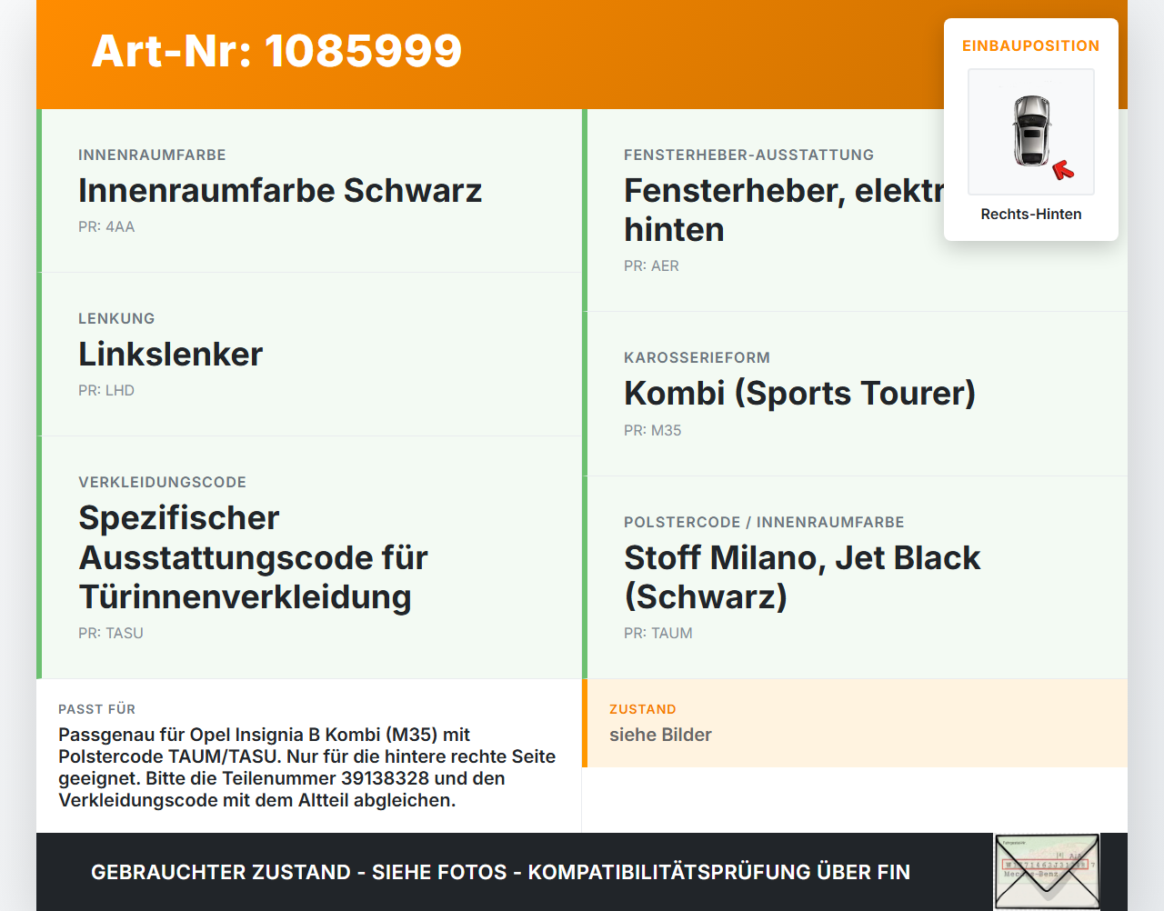 Opel Insignia B Z18 17-20 Kombi Türverkleidung Türpappe Rechts Hinten Opel Insignia B Z18 17-20 28.05.2019 39138328... Vorschau 3