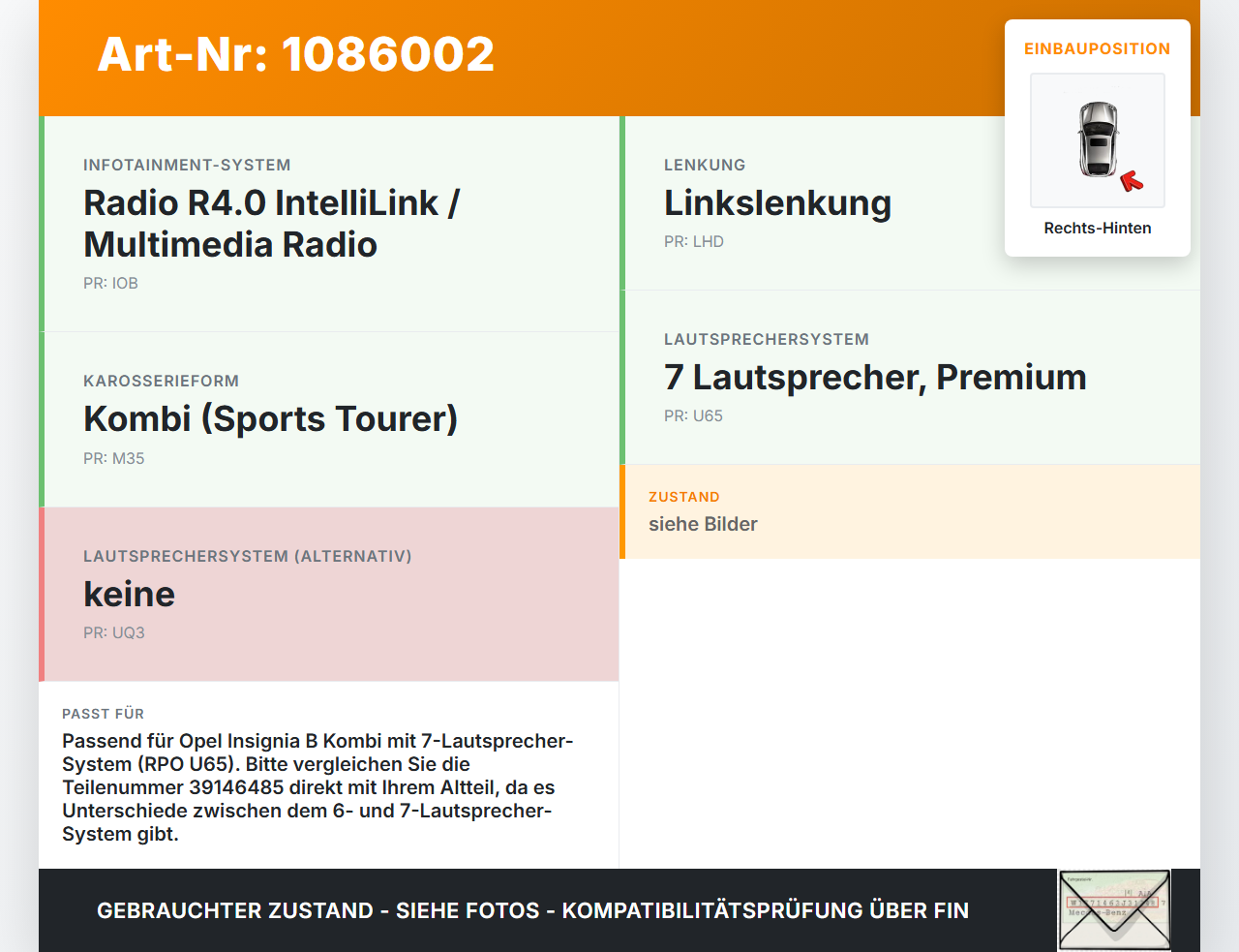 Opel Insignia B Z18 17-20 Kombi Lautsprecher Tür Rechts Hinten Opel Insignia B Z18 17-20 28.05.2019 39146485... Vorschau 3
