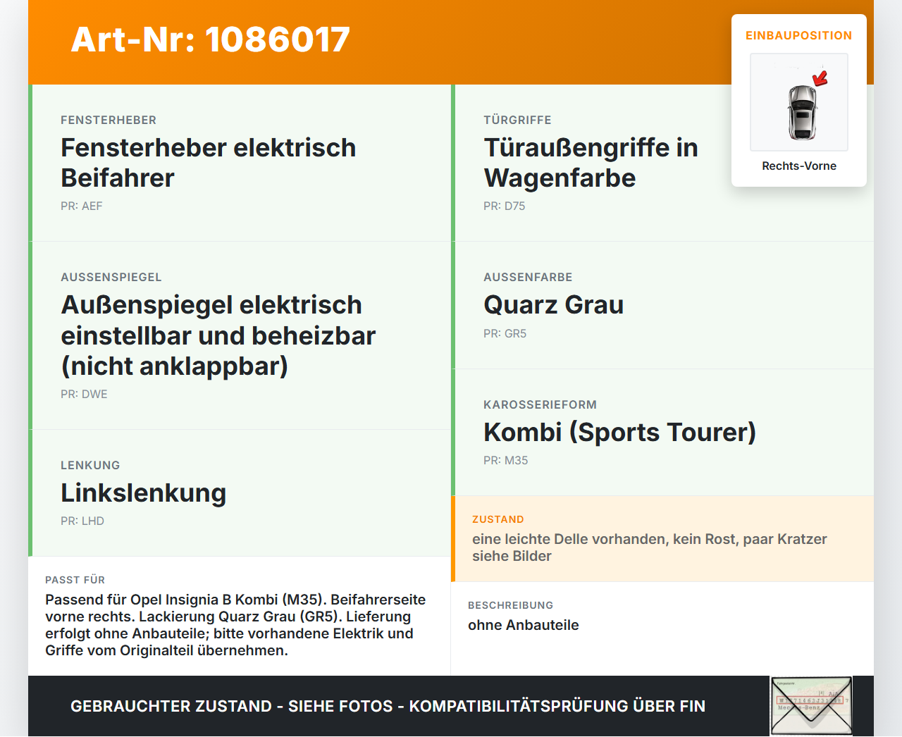 Opel Insignia B Z18 17-20 Kombi Tür Beifahrertür Rechts Vorne GR5 Opel Insignia B Z18 17-20 28.05.2019 YR00659380... Vorschau 3