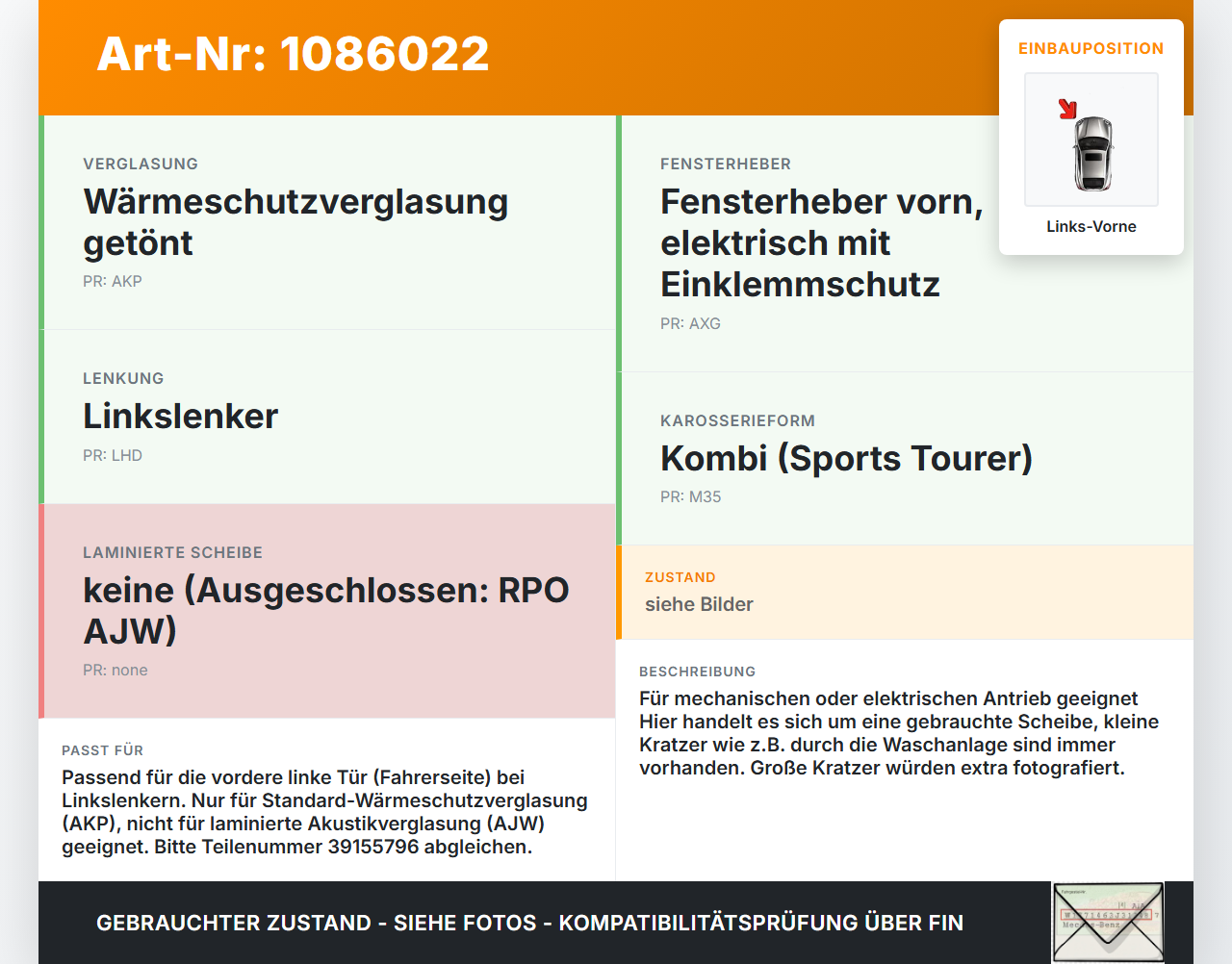 Opel Insignia B Z18 17-20 Kombi Seitenscheibe LVK Fenster Türscheibe Links Vorne Opel Insignia B Z18 17-20... Vorschau 3