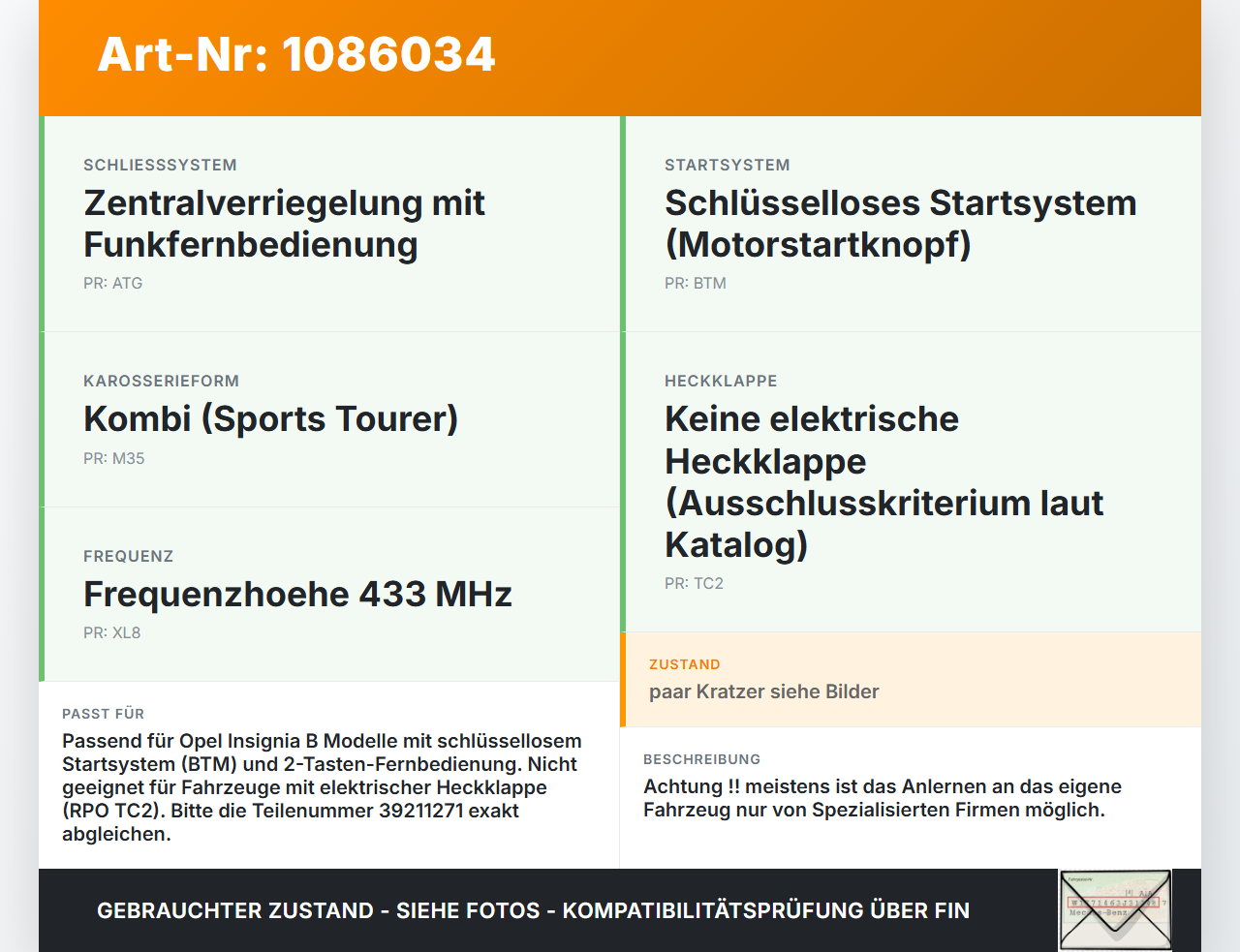 Opel Insignia B Z18 17-20 Kombi ZV Schlüssel Funkschlüssel Opel Insignia B Z18 17-20 28.05.2019 39211271 gebraucht Vorschau 3