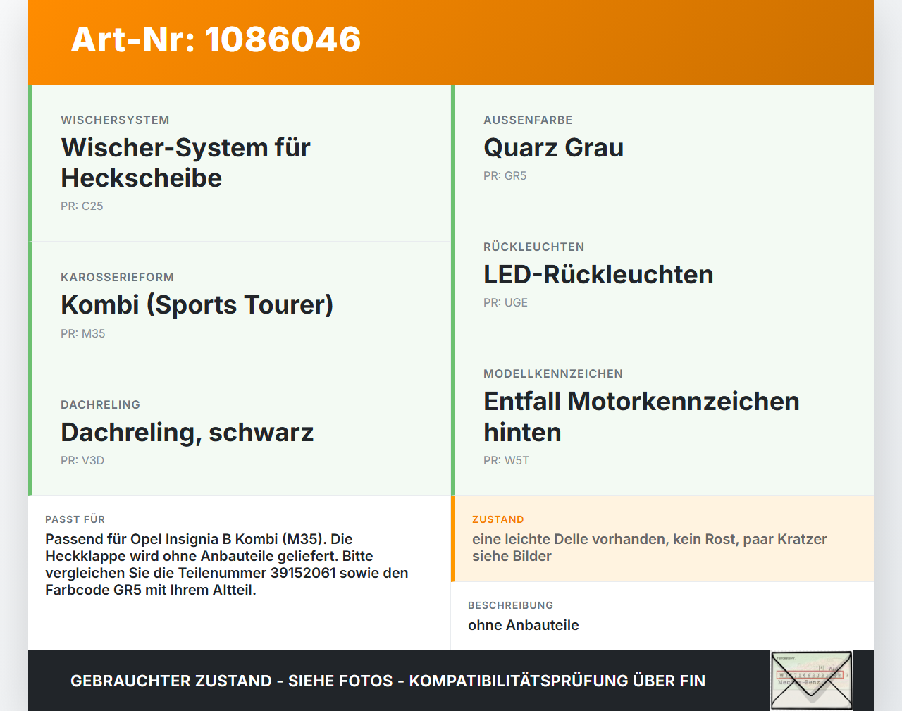 Opel Insignia B Z18 17-20 Kombi Heckklappe Kofferraumdeckel GR5 Opel Insignia B Z18 17-20 28.05.2019 39152061 gebraucht Vorschau 3