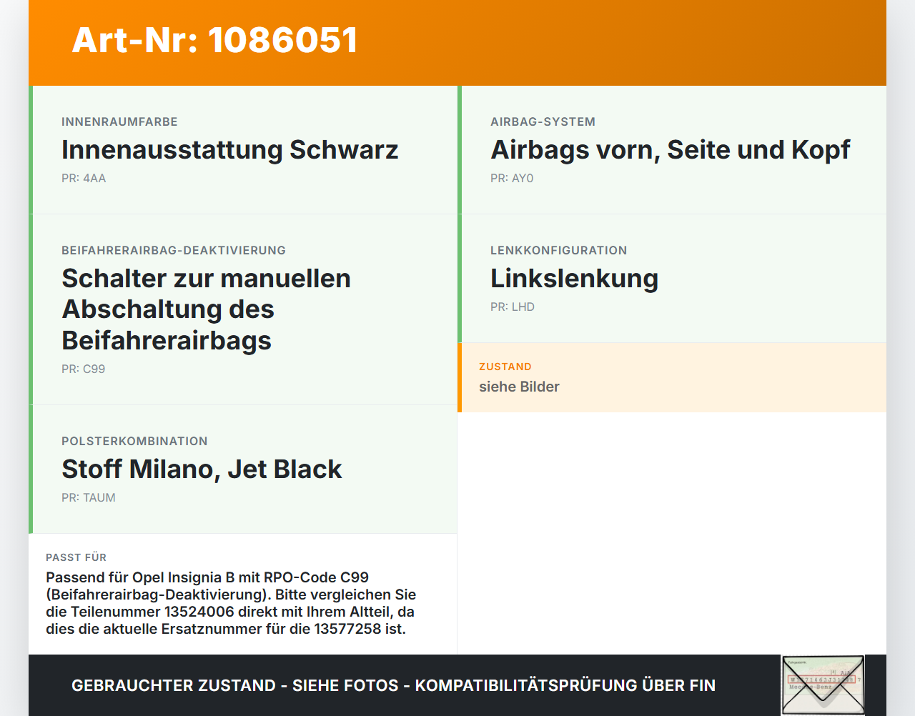 Opel Insignia B Z18 17-20 Schalter Beifahrerairbag Airbag Deaktivierung Schlüsselschalter Opel Insignia B Z18 17-20... Vorschau 3