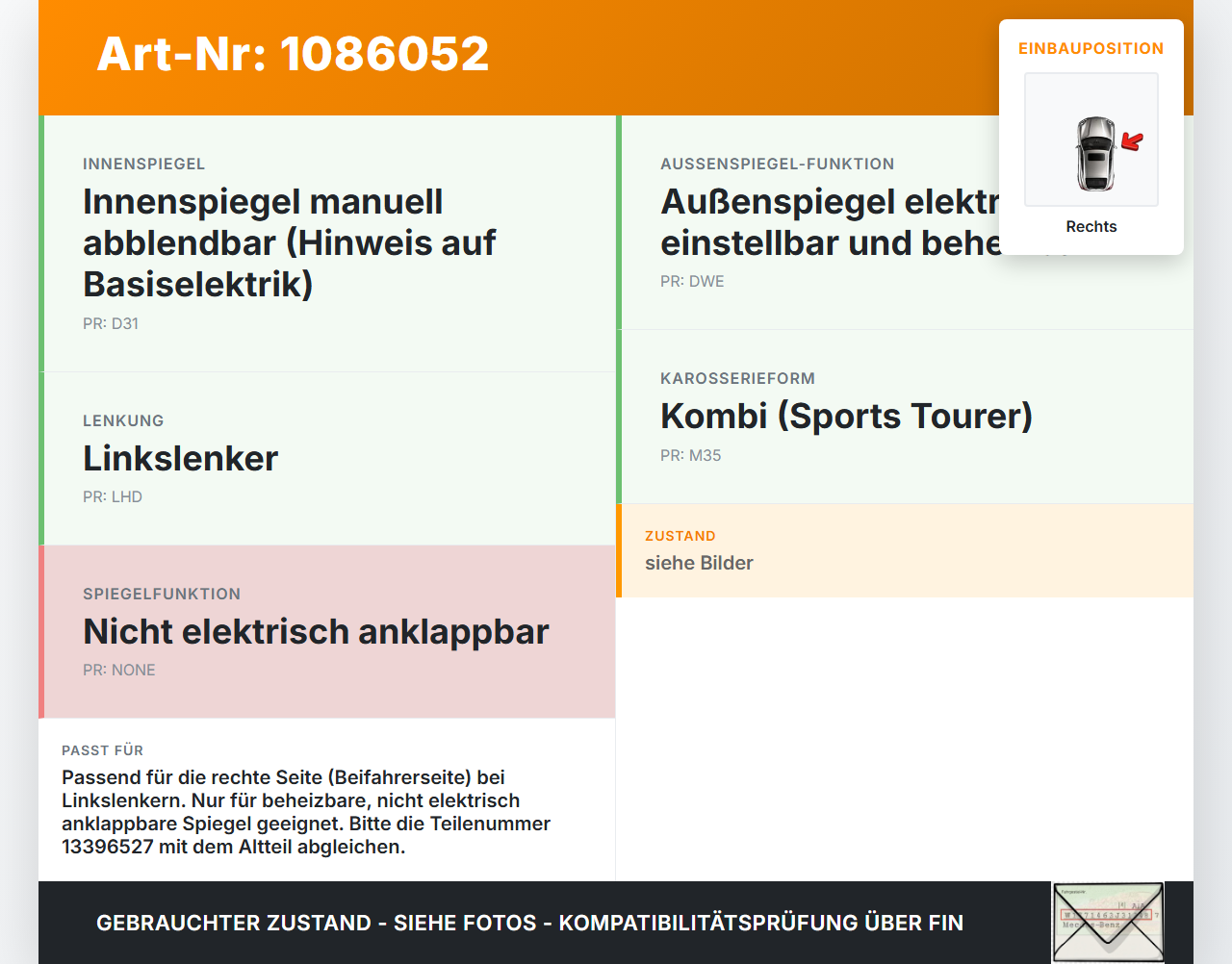 Opel Insignia B Z18 17-20 Spiegel Aussenspiegel nur Glas Rechts Opel Insignia B Z18 17-20 28.05.2019 13396527... Vorschau 3
