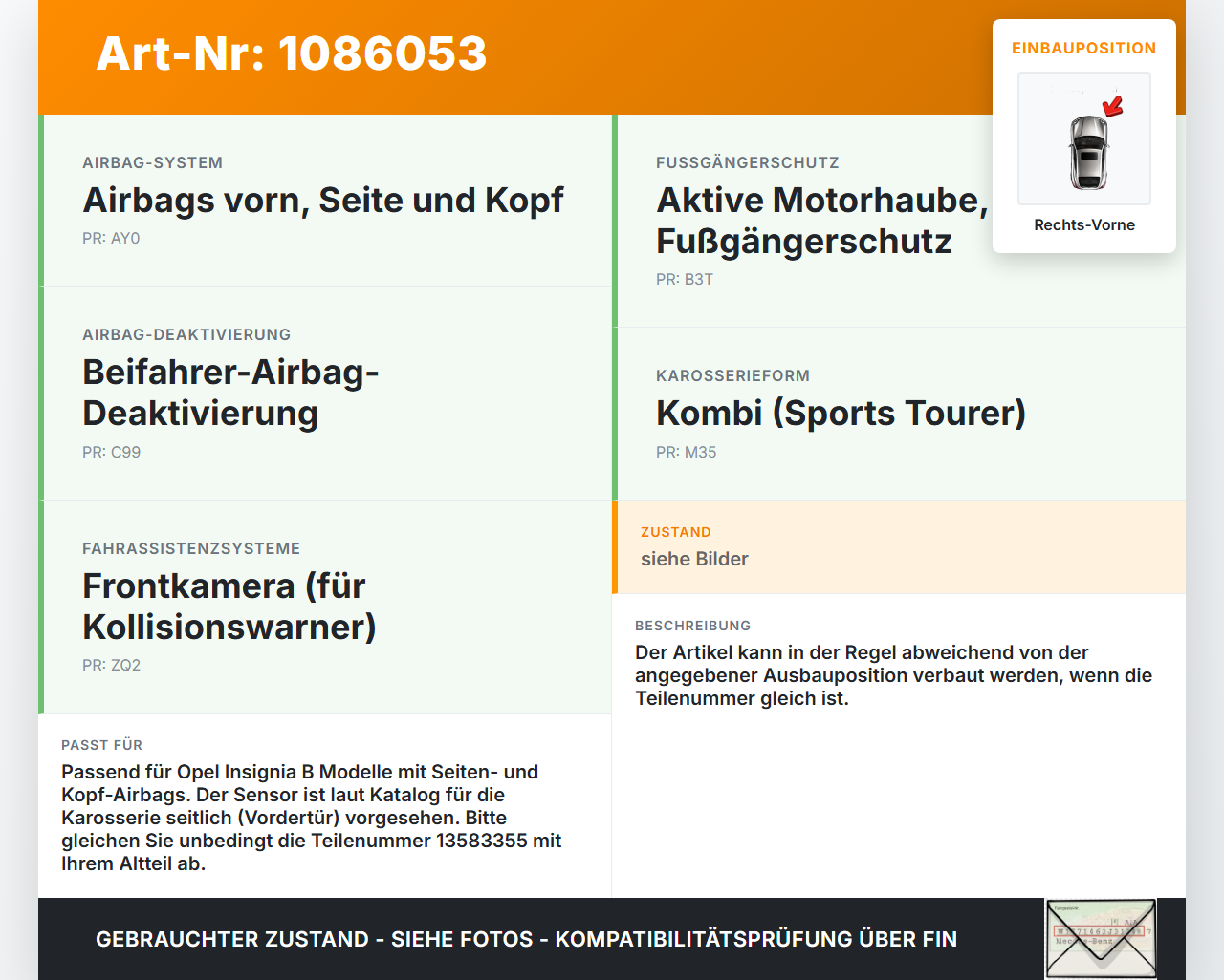 Opel Insignia B Z18 17-20 Sensor für Airbag Crashsensor Airbagsensor Rechts Vorne Opel Insignia B Z18 17-20... Vorschau 3