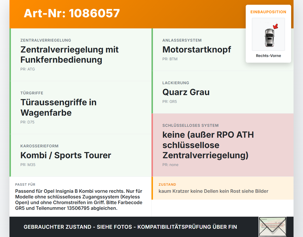 Opel Insignia B Z18 17-20 Kombi Türgriff Griff aussen Rechts Vorne GR5 Opel Insignia B Z18 17-20 28.05.2019... Vorschau 3
