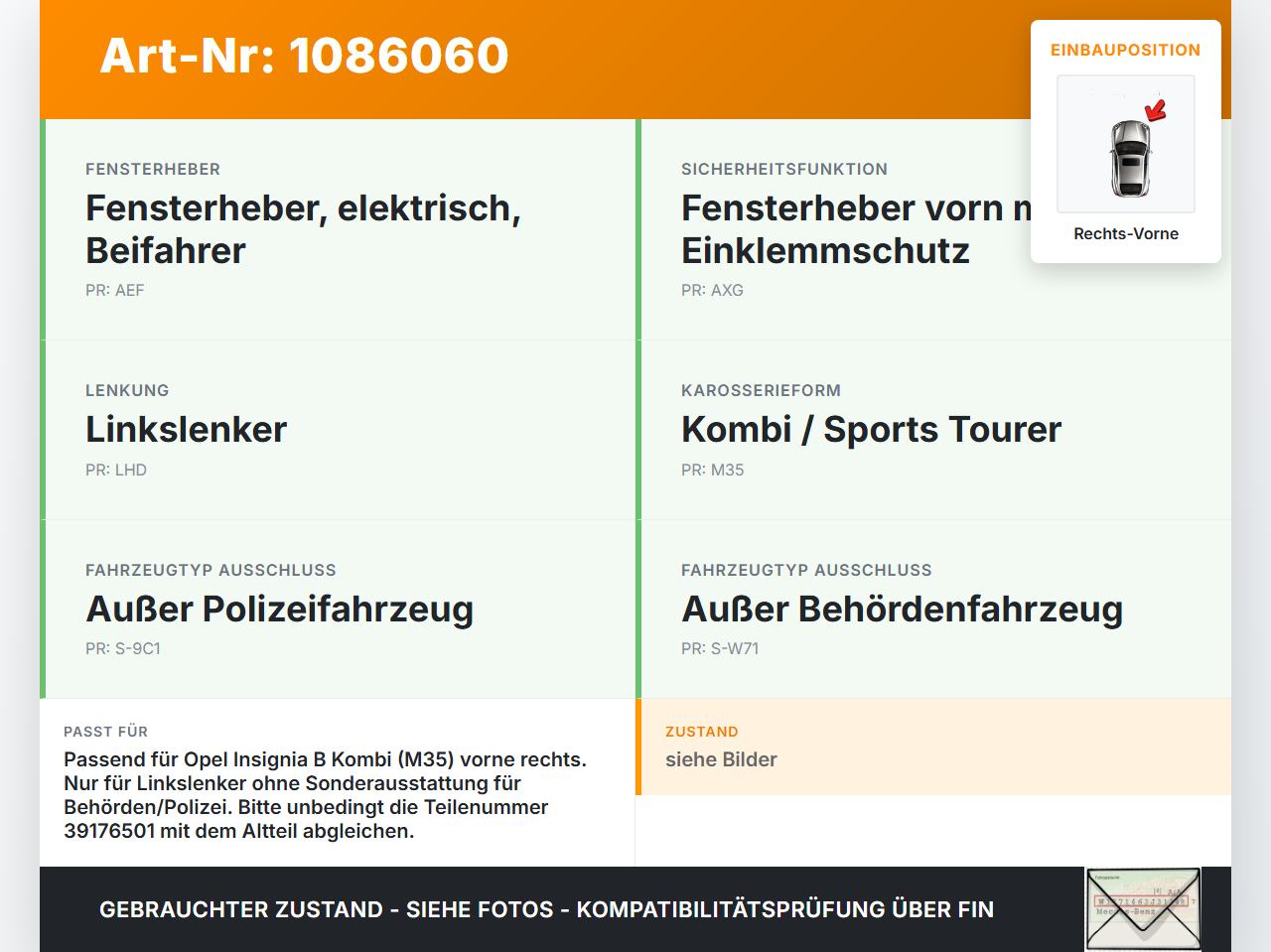 Opel Insignia B Z18 17-20 Kombi Fensterhebermotor mit Fensterheber Rechts Vorne Opel Insignia B Z18 17-20... Vorschau 3