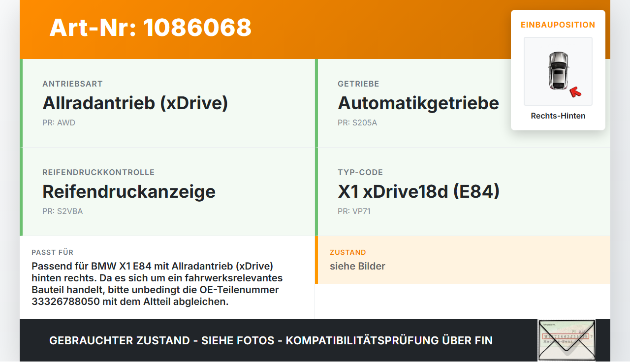 BMW X1 E84 X18D 09-12  2,0d 105KW 4WD Achsschenkel Radnabe mit ABS Rechts Hinten BMW X1 E84 X18D 09-12 21.01.2015... Vorschau 3