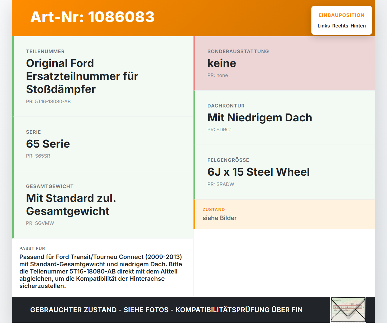 Ford Transit/Tourneo Connect 09-13 Kasten Stossdämpfer Hinten Links und Rechts Ford Transit/Tourneo Connect 09-13... Vorschau 3