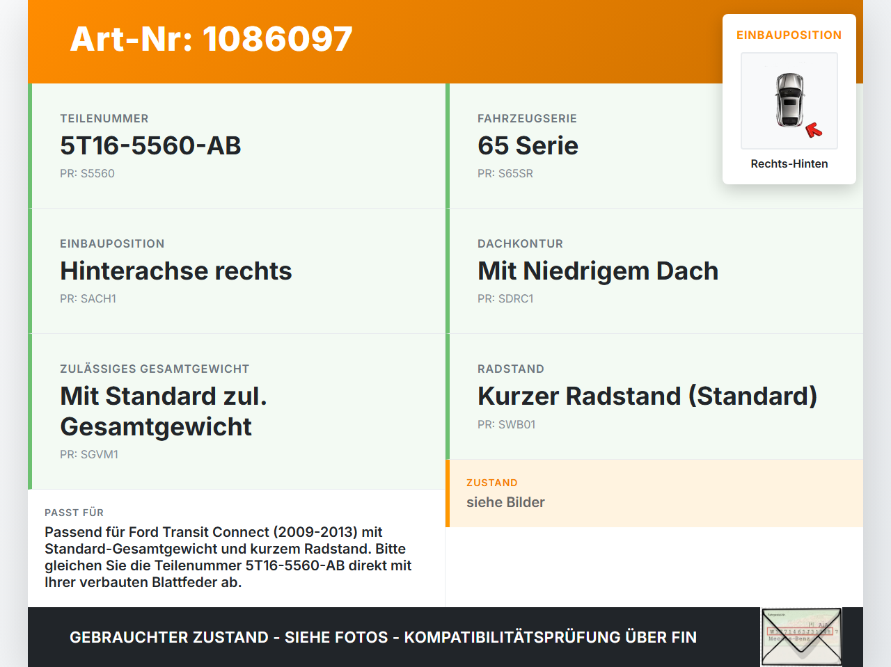 Ford Transit/Tourneo Connect 09-13 Kasten Feder Blattfeder Rechts Hinten Ford Transit/Tourneo Connect 09-13... Vorschau 3