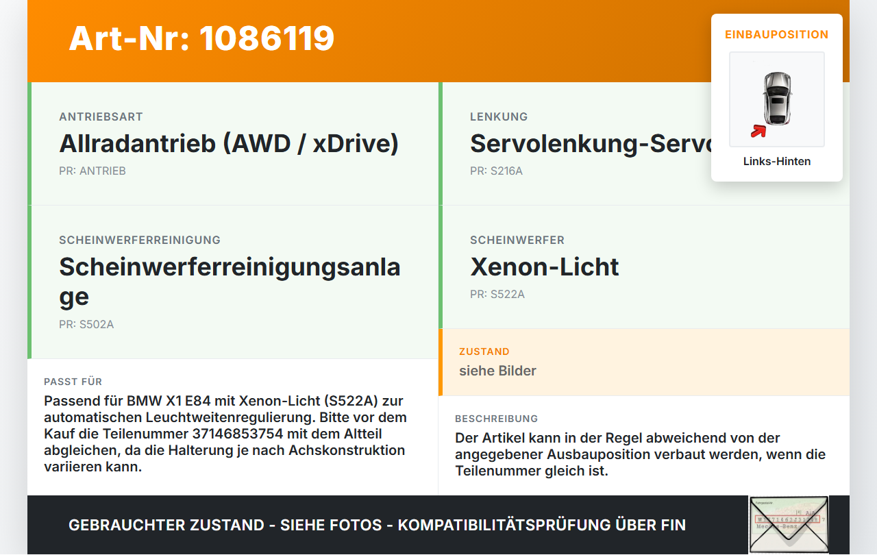 BMW X1 E84 X18D 09-12 Niveausensor Xenon LWR Sensor Neigung Höhenstandssensor Links Hinten BMW X1 E84 X18D 09-12... Vorschau 3