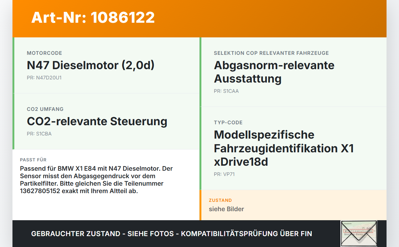 BMW X1 E84 X18D 09-12 2,0d 105KW Unterdrucksensor Drucksensor Abgasdruck BMW X1 E84 X18D 09-12 21.01.2015... Vorschau 3