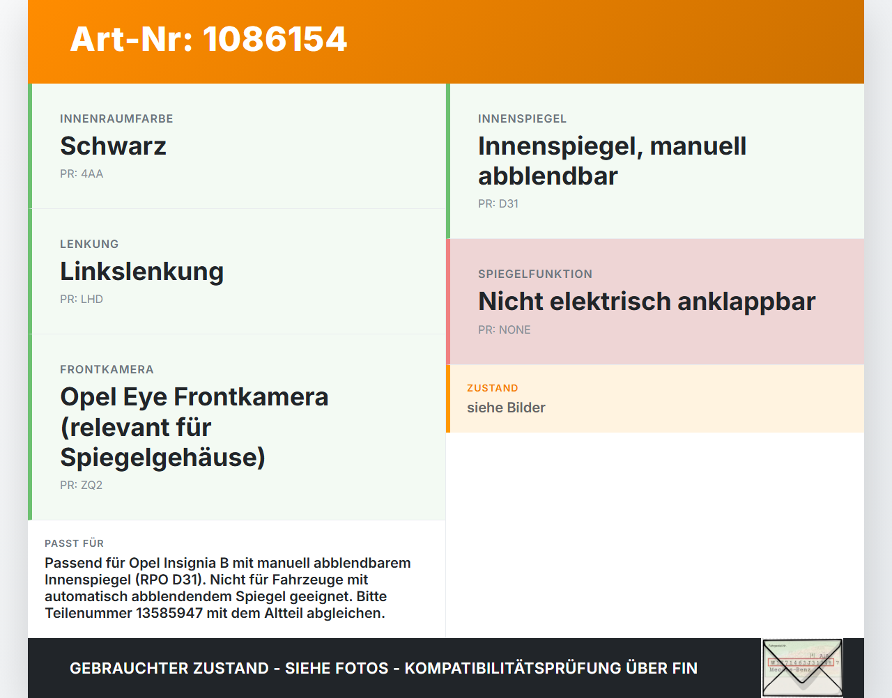 Opel Insignia B Z18 17-20 Innenspiegel Rückspiegel Spiegel Innen Opel Insignia B Z18 17-20 28.05.2019 13585947 gebraucht Vorschau 3