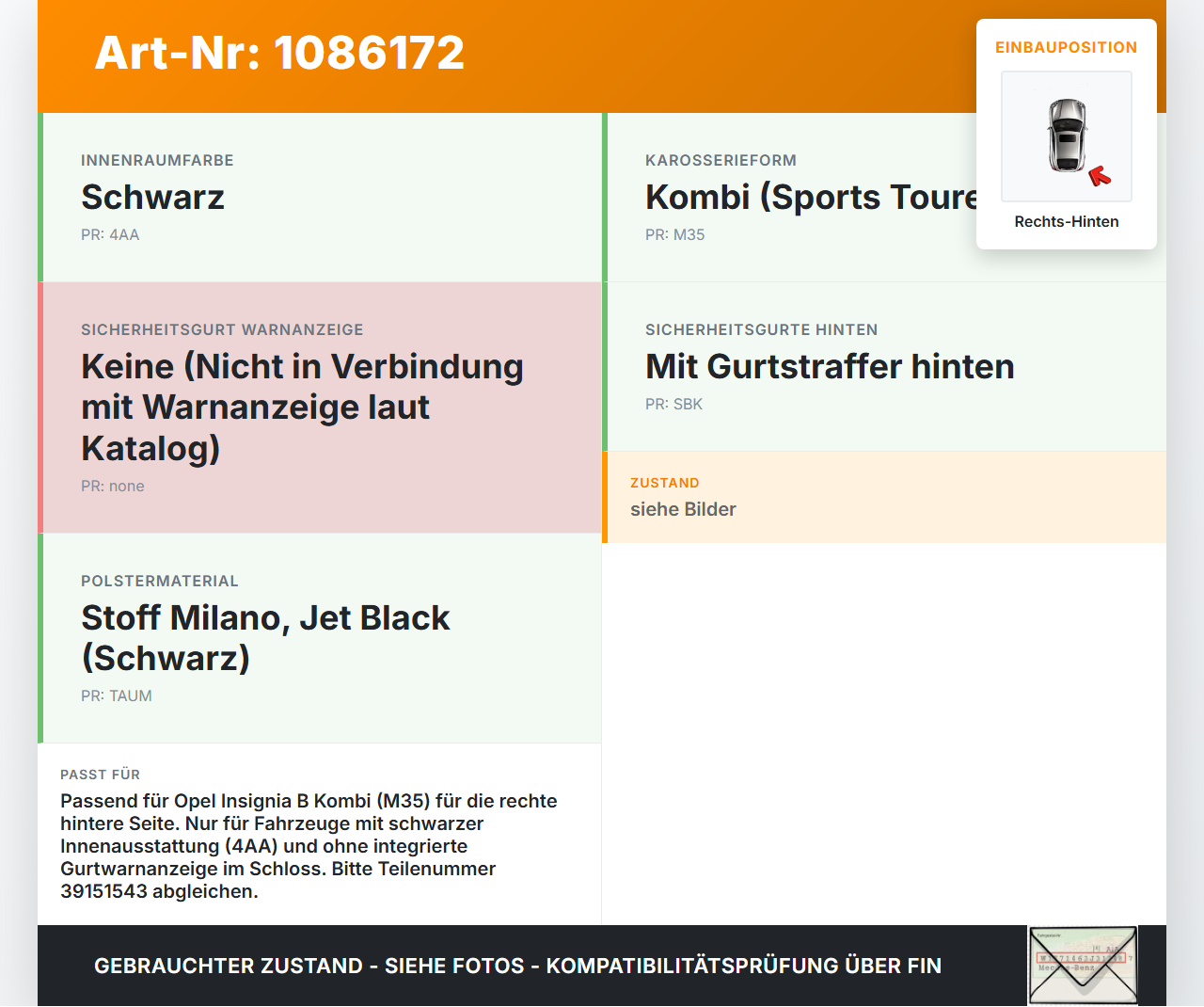 Opel Insignia B Z18 17-20 Kombi Gurtschloss Rechts Hinten Opel Insignia B Z18 17-20 28.05.2019 39151543 gebraucht Vorschau 3