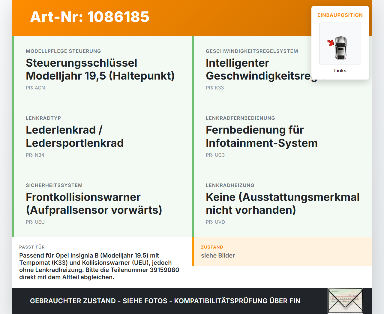 Opel Insignia B Z18 17-20 Lenkradschalter Multifunktionstasten Schalter für Lenkrad Links Opel Insignia B Z18 17-20... Vorschau 3