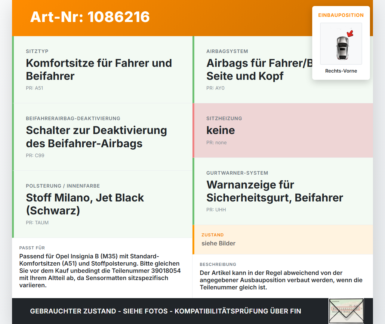 Opel Insignia B Z18 17-20 Sitzbelegungssensor Beifahrersitz Sitzerkennungssensor Rechts Vorne Opel Insignia B Z18... Vorschau 3