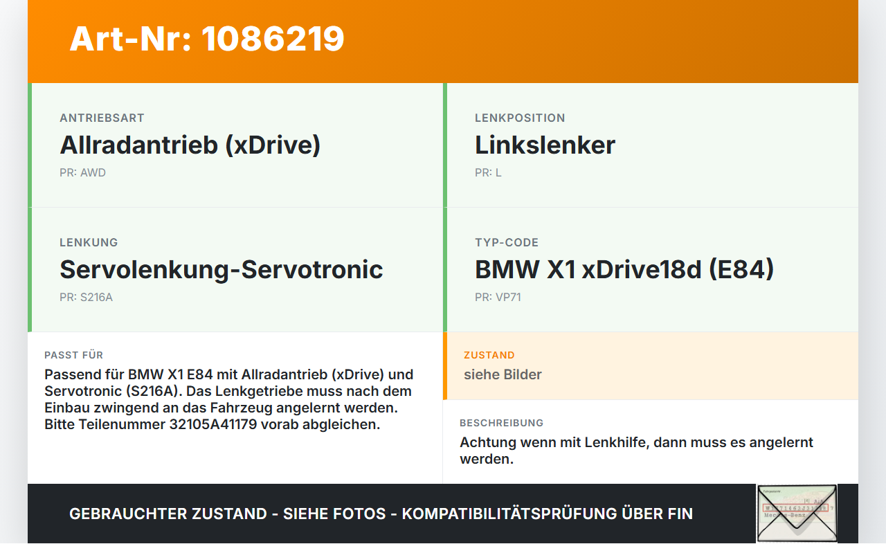 BMW X1 E84 X18D 09-12 Original Servolenkgetriebe Lenkgetriebe Spurstangen BMW X1 E84 X18D 09-12 21.01.2015 0541179... Vorschau 3