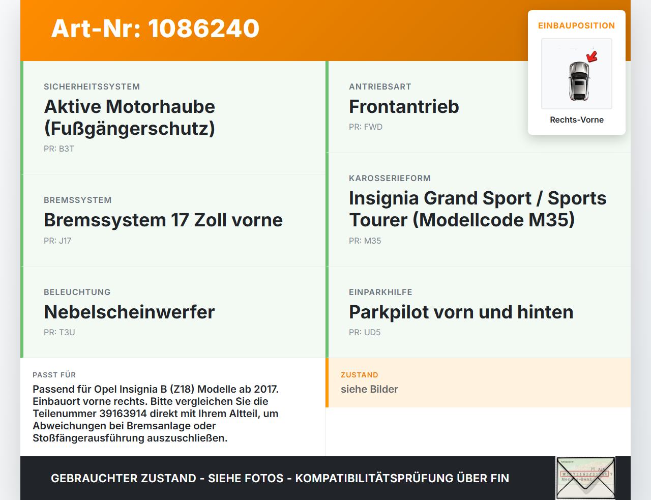 Opel Insignia B Z18 17-20 Verkleidung Radhausschale Rechts Vorne für Kotflügel Opel Insignia B Z18 17-20 28.05.2019... Vorschau 3