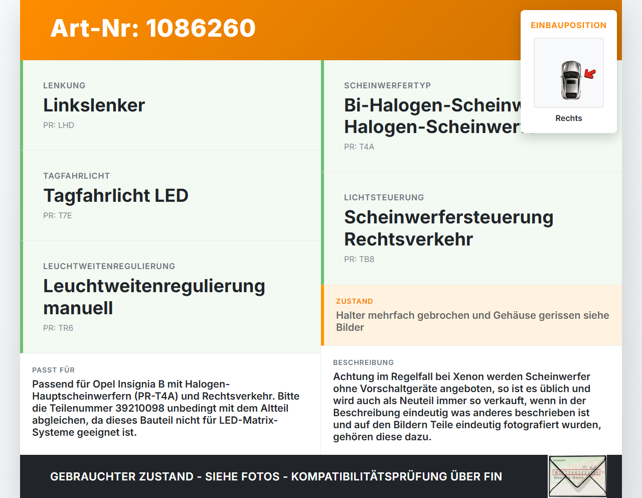 Opel Insignia B Z18 17-20 Scheinwerfer Frontscheinwerfer Hauptscheinwerfer Rechts Opel Insignia B Z18 17-20... Vorschau 3